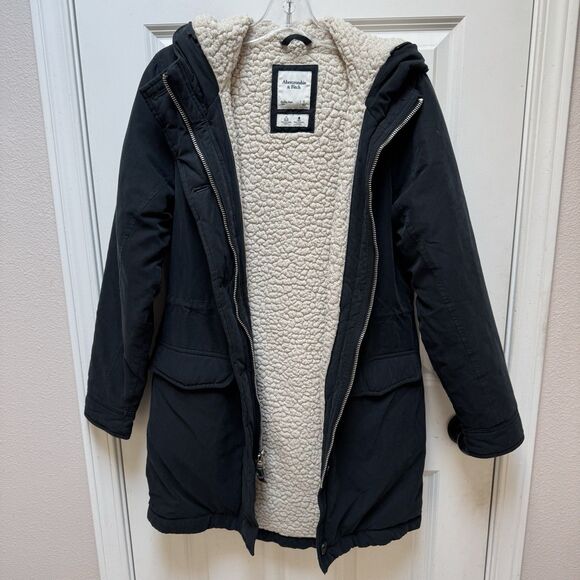 Abercrombie & Fitch Black Military Parka Sherpa-Lined Hooded Small *no Fur Trim* - Picture 1 of 12